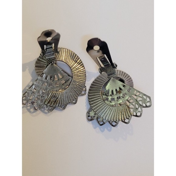 Vintage Modernist Fan Swirl Silver Tone Clip on Earrings Classic MCM 1950's - Picture 5 of 9